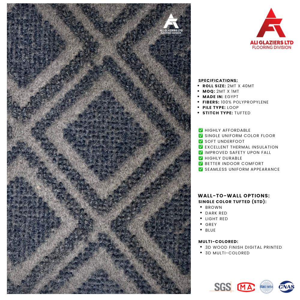TUFTED WALL TO WALL CARPET - GREY/BLUE DIAMOND